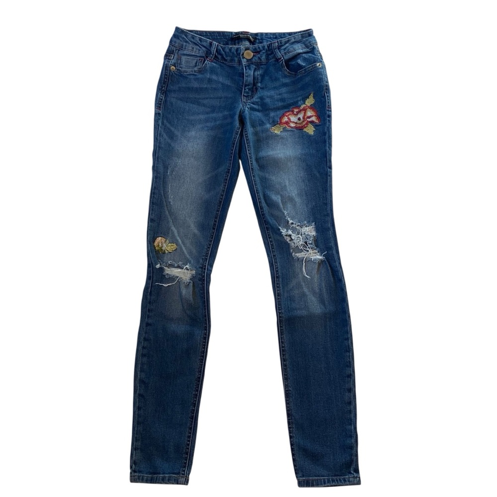 3/$20 RUE 21 Skinny Jeans Black Floral Embroidered Distressed Low Rise 1/2